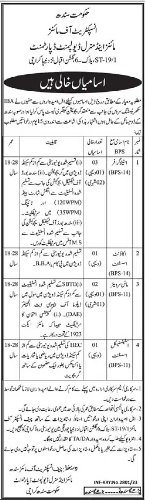 Mines and Minerals Department Sindh Jobs 2023 Latest Advertisement