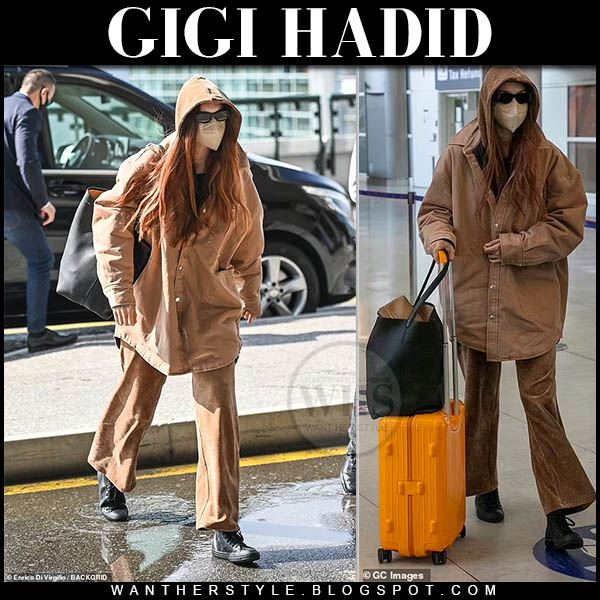 Gigi Hadid in camel oversized jacket and camel pants