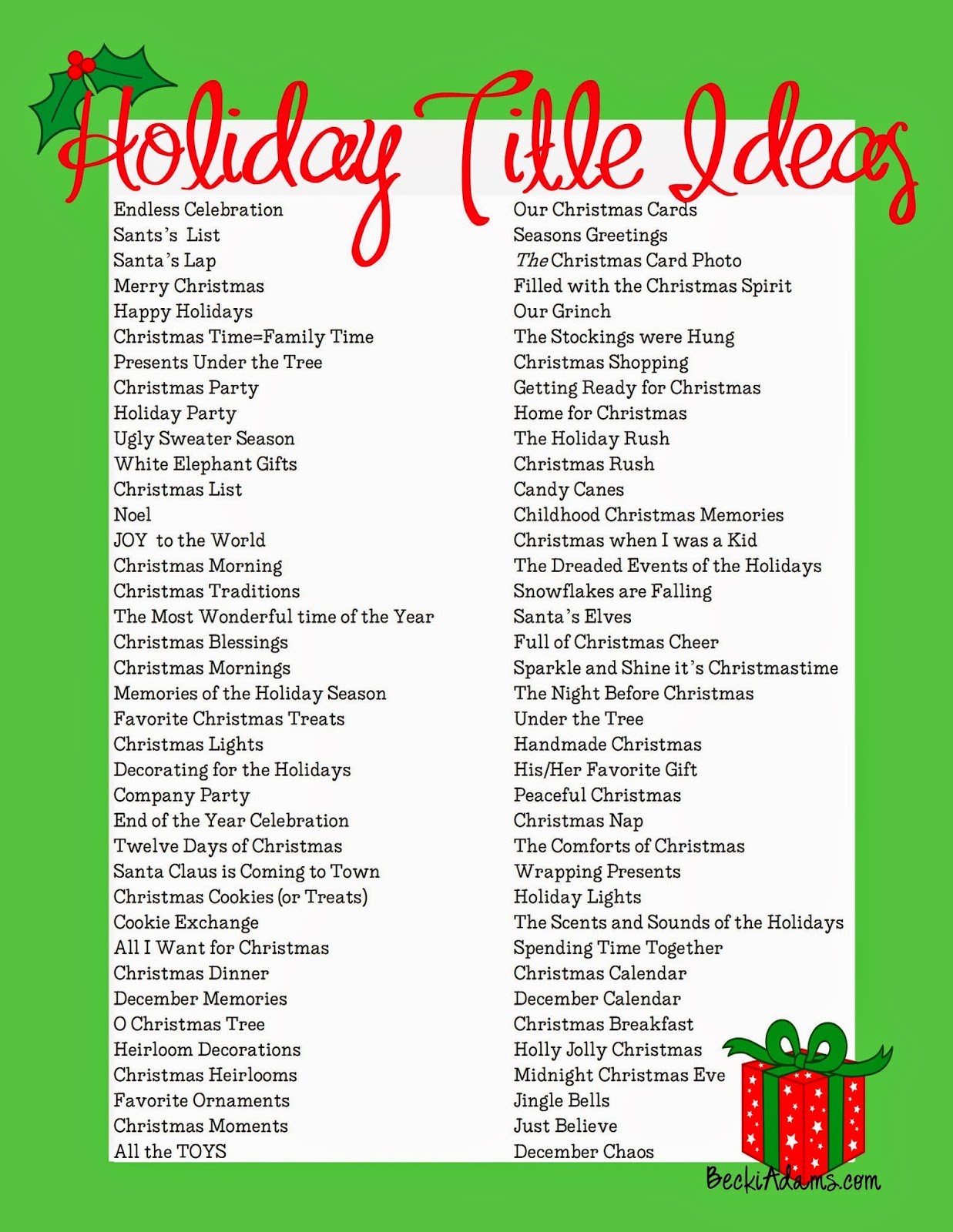 Becki Adams: 76 Holiday Page Title Ideas