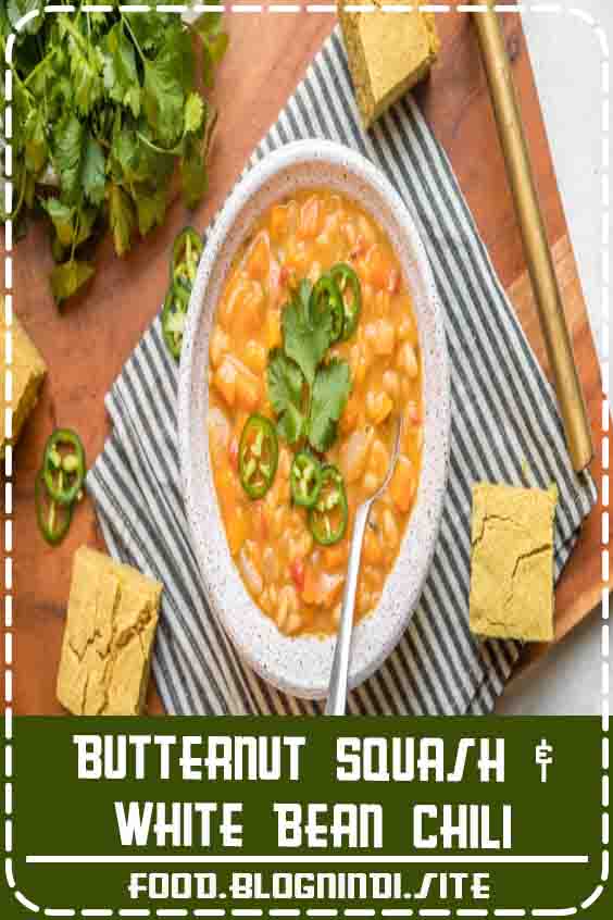 This Butternut Squash & White Bean Chili is cozy, hearty, and made from only 10 plant-based ingredients! A yummy Vegan & Gluten-Free entree for chilly days. #whitebeanchili #veganchili #butternutsquash #vegan #plantbased #glutenfree #mealprep | frommybowl.com #Beans #WhiteBeans