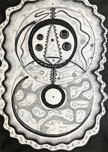 K. Tschährä: Time Machine (2020). This ink drawing is part of the collection of The College of Psychic Studies.