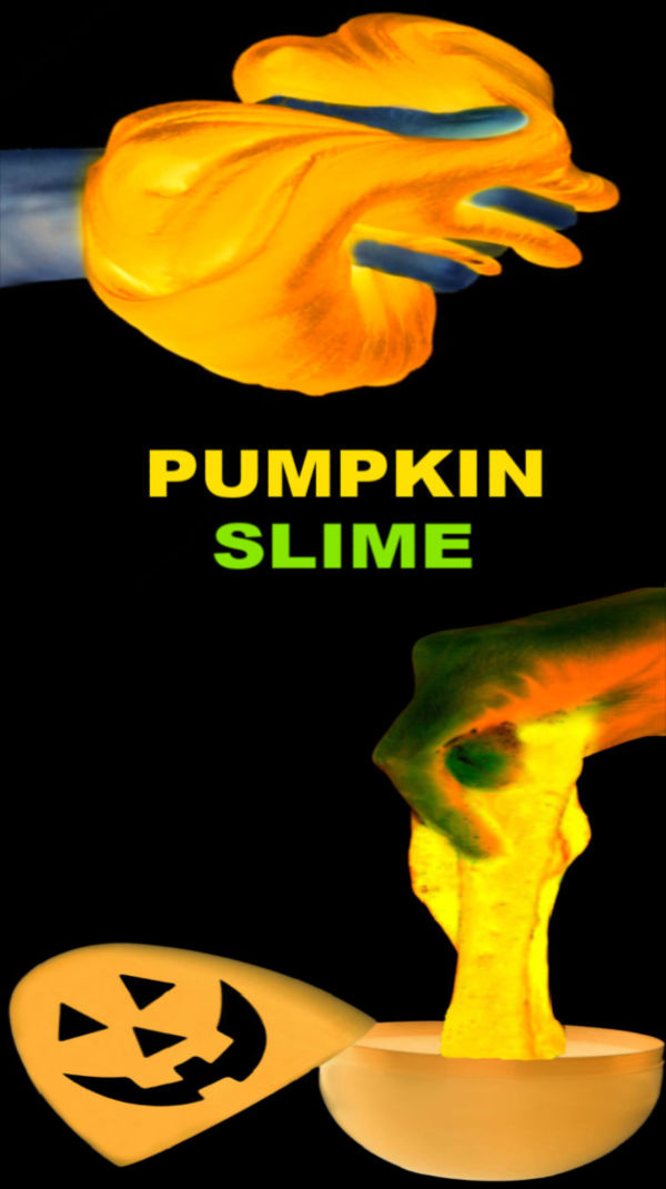 Make your own jack-o-lantern slime that glows in the dark! #halloween #slimerecipeskids #glowinthedark #pumpkinslime #growingajeweledrose #activitiesforkids