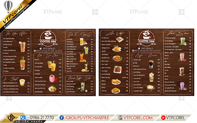 Mẫu menu giả gỗ quán cà phê ăn vặt độc đáo CDR12