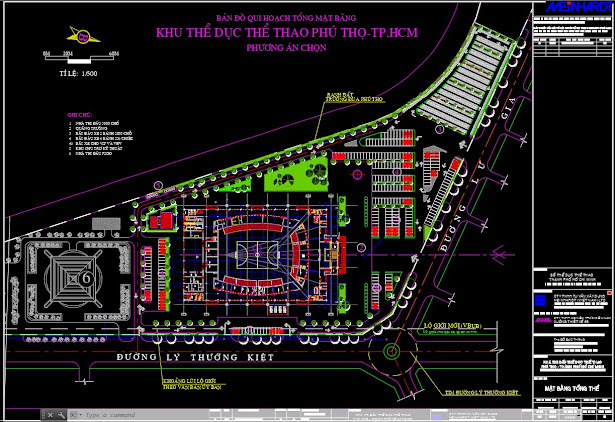 Bản vẽ autocad thiết kế sơ đồ tổng mặt bằng toàn khu  nhà thi đấu Phú Thọ