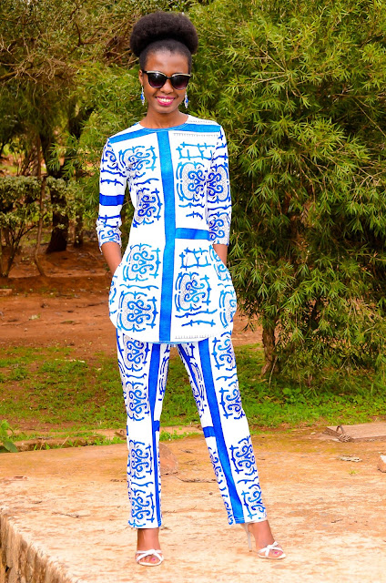 Wearing A Blue And White Porcelain Print Two Piece Set