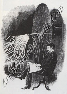 Tesla's electrical machine, The Croatian scientist Nikola Tesla developed alternating current machinery in America, competing with Edison's direct current system. In 1888 he was conducting experiments which three years later led to the Tesla coil still used today in radios and televisions. 