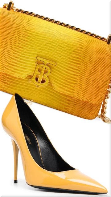 ♦Pantone Spectra Yellow Saint Laurent Zoe leather pumps & Burberry mini TB-plaque leather crossbody bag #pantone #yellow #shoes #bags #brilliantluxury