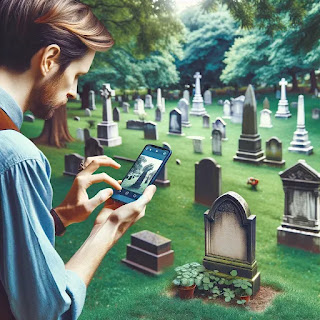 Serene cemetery scene with researcher