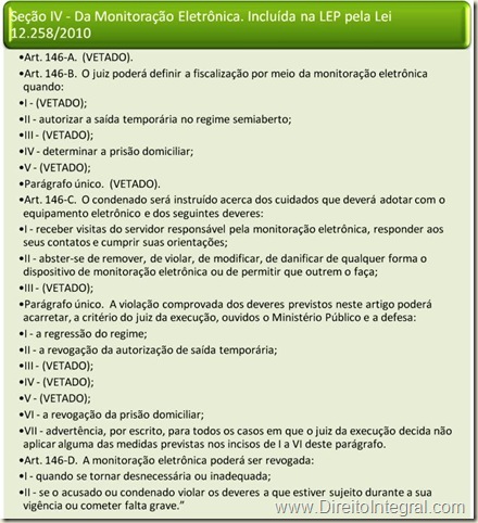 Lei de Execução Penal. Seção "Da Monitoração Eletrônica" - Artigos 146-A, 146-B, 146-C e 146-D, incluídos pela lei 12258/2010