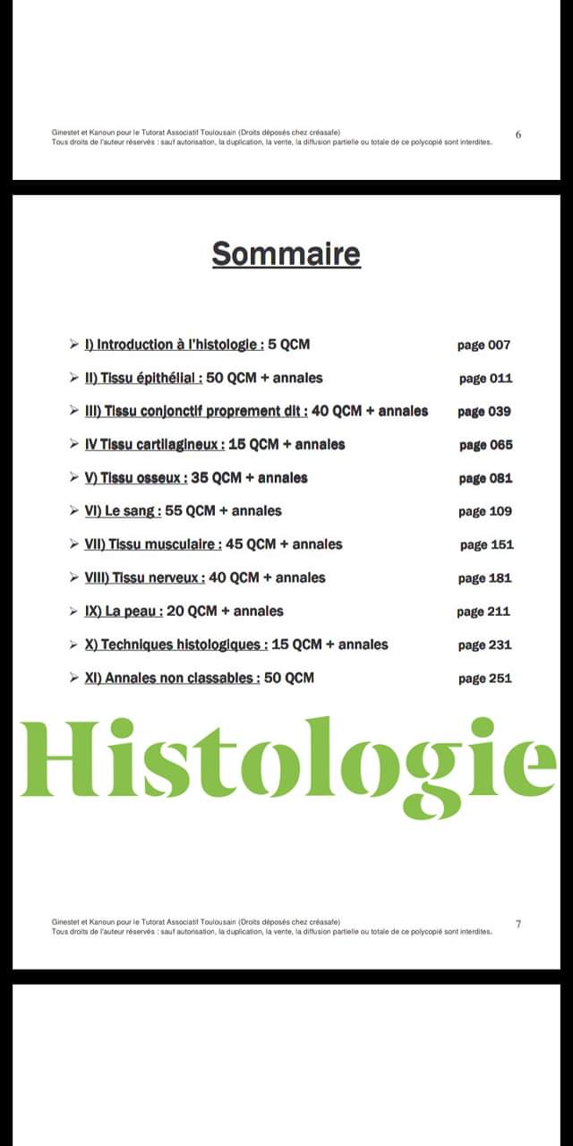 QCM de Histologie S1 svi avec correction