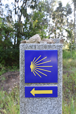 Camino Portuguese yellow arrow and shell to Santiago de Compostalla.