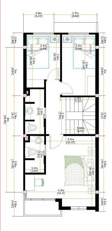  Plan  maison  de 5 x  15  m avec 3 chambres
