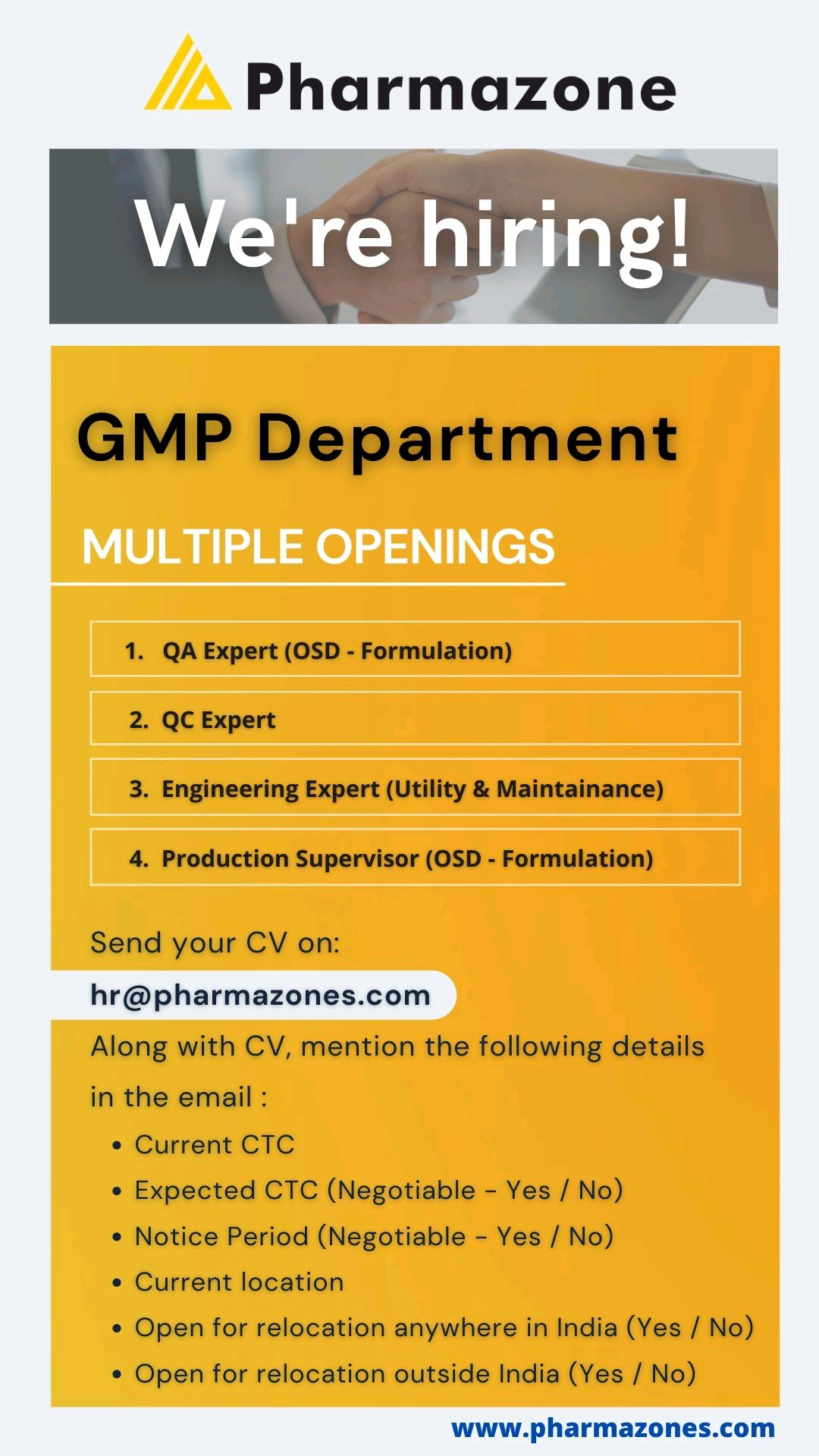 Job Availables, Pharmazones Job Opening For QA/ QC/ Expert/ Engineering/ Production Supervisor
