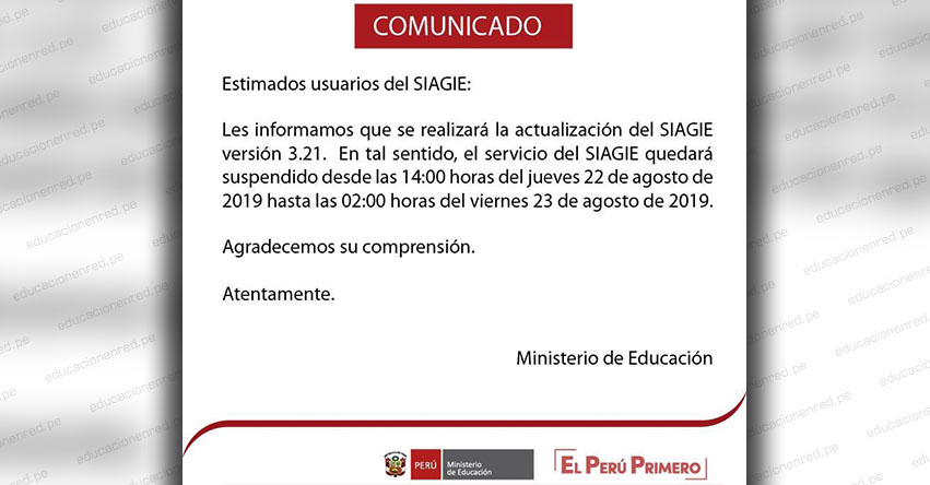 SIAGIE COMUNICADO: Suspensión del Servicio el Jueves 22 y Viernes 23 de Agosto - MINEDU - www.siagie.minedu.gob.pe