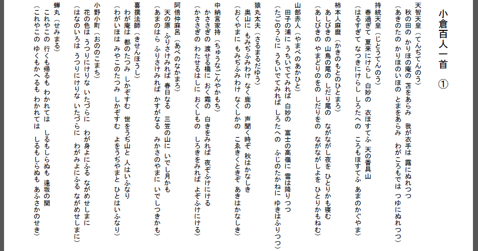 学習プリント 小倉百人一首一覧 縦書きpdf 暮らしやすく 学習プリント 小倉百人一首一覧 縦書きpdf 暮らしやすく