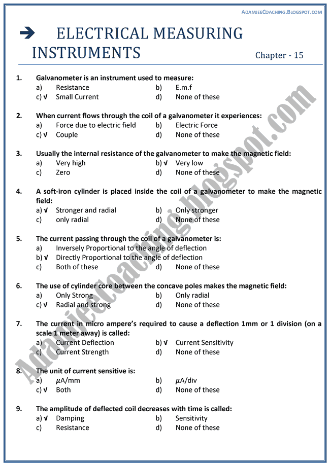 Physics Electrical Measuring Instruments Mcqs