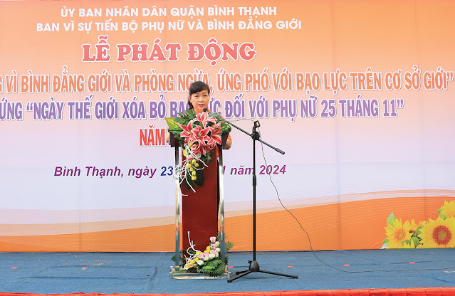 Đồng chí Thái Thị Hồng Nga phát động Tháng hành động  vì bình đẳng giới và phòng ngừa, ứng phó với bạo lực trên  cơ sở giới tại Cụm 4. (Ảnh: MD)