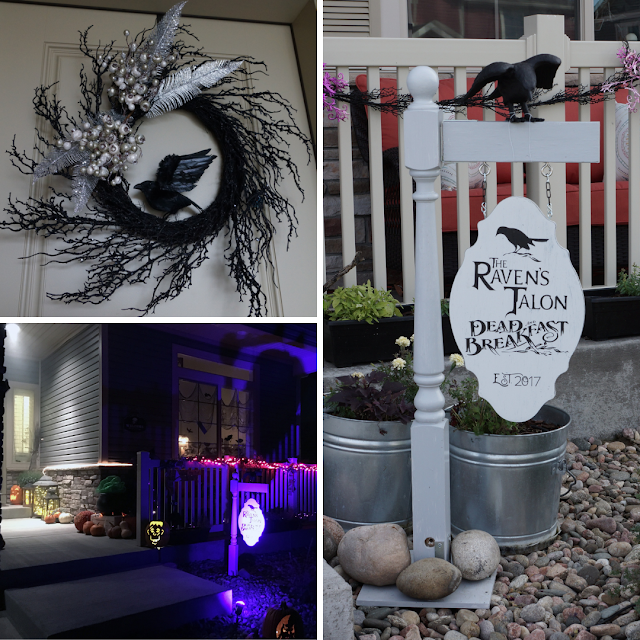 Scrapbook.com Tiny Halloween House Hop tutorial dead and breakfast: real house inspiration, dead and breakfast sign, wreath, ravens, raven