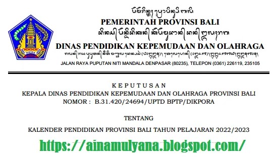 Kalender Pendidikan Provinsi Bali Tahun Pelajaran 2022/2023