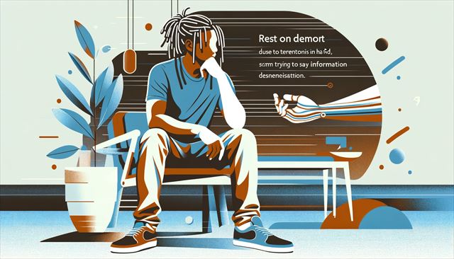 An abstract minimalistic illustration of a casual Japanese man with dreadlocks taking a break due to tendonitis in his right hand, reflecting his need for rest amidst trying to stay productive. The scene depicts him in a relaxed posture, possibly with a backdrop that suggests a pause from work, such as a comfortable chair or a serene environment. Also, include abstract elements representing a slight boost in motivation from seeing some engagement with his information dissemination account, symbolized by a small but noticeable uptick in clicks. The style is minimalistic, focusing on themes of rest, health management, and the balance between work and well-being.