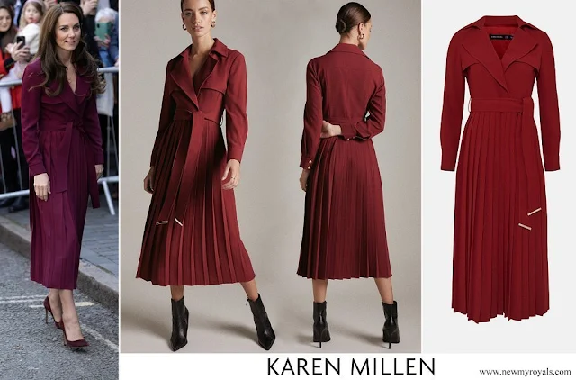 Princess of Wales wore Karen Millen Petite Long Sleeve Pleated Midi Trench Dress in Merlot