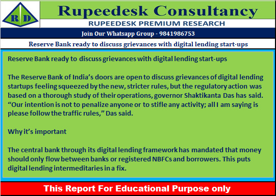 Reserve Bank ready to discuss grievances with digital lending start-ups - Rupeedesk Reports - 21.09.2022