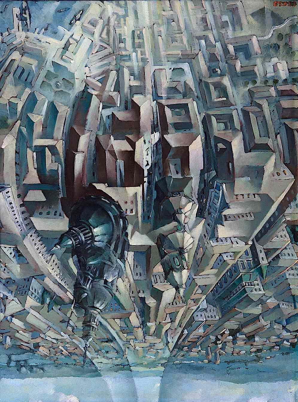 a Tullio Crali painting of a birdseye view of an urban landscape