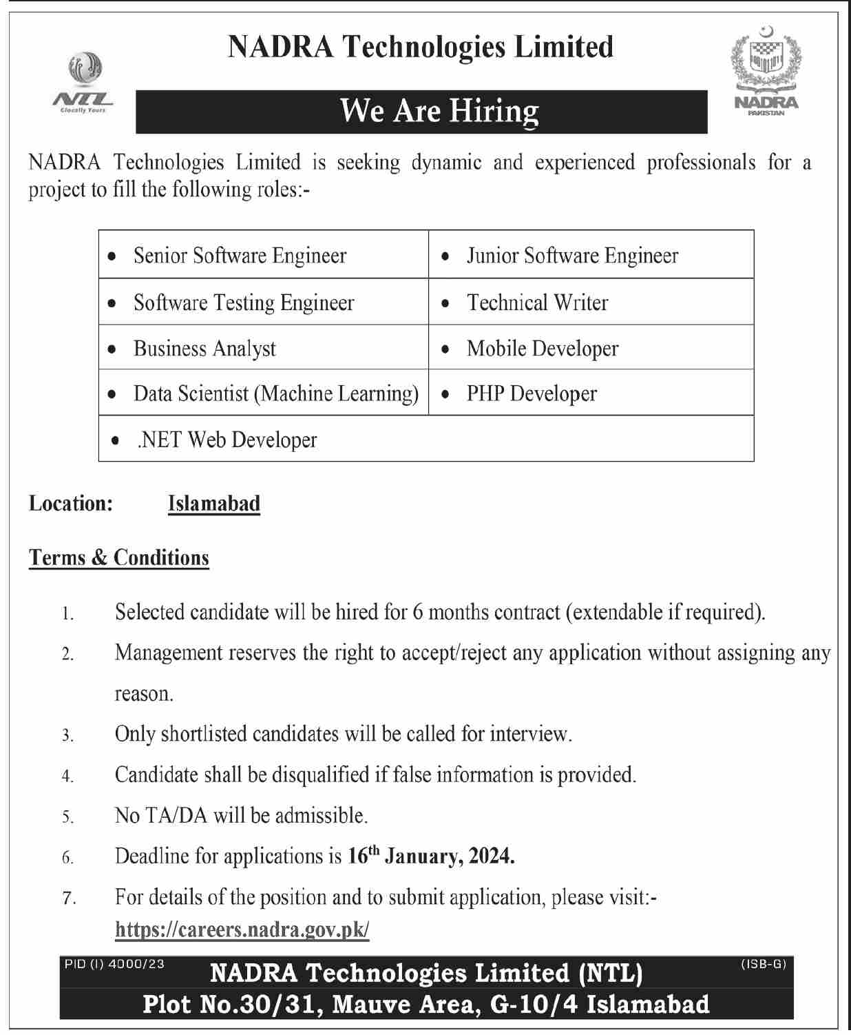Jobs in Nadra Technologies Limited NTL