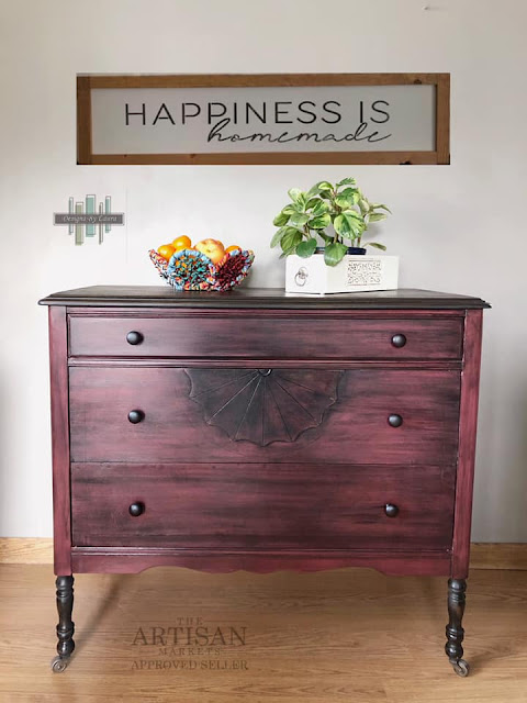 red dresser makeover on casters