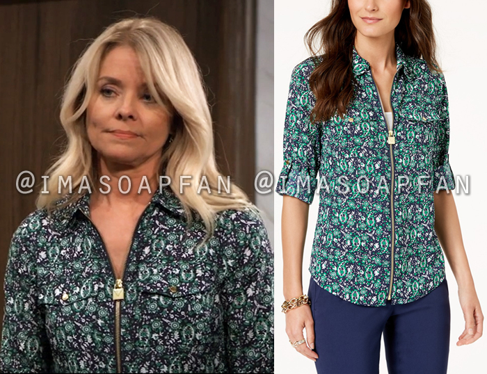 Felicia Scorpio, Kristina Wagner, Blue and Green Print Zip-Front Utility Shirt, General Hospital, GH