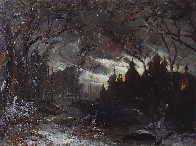 "Ipatiev monastery in the winter light" Aleksey Savrasov (1870) dark, cold, creepy, woods, forest, Russia, russian painters