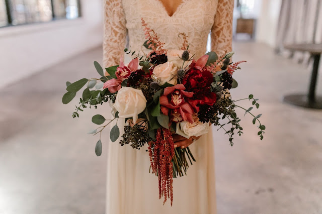 Atlanta Florist, Atlanta Wedding, Bloomin’ Bouquets, American Spirit Works, The Stave Room, Florist,  Wedding, Wedding flowers, Orchids, Feathers, Feather Bow Tie, November Wedding, Fall Wedding, Moody Wedding