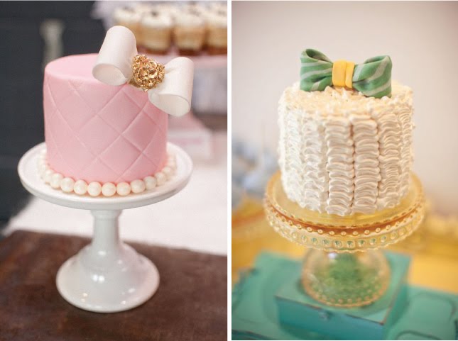 Fondant or buttercream with ruffles cakes and minicakes with bows are 