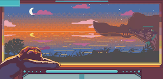 Screenshot from the game Solare showing pixellated landscape with person watching out of window