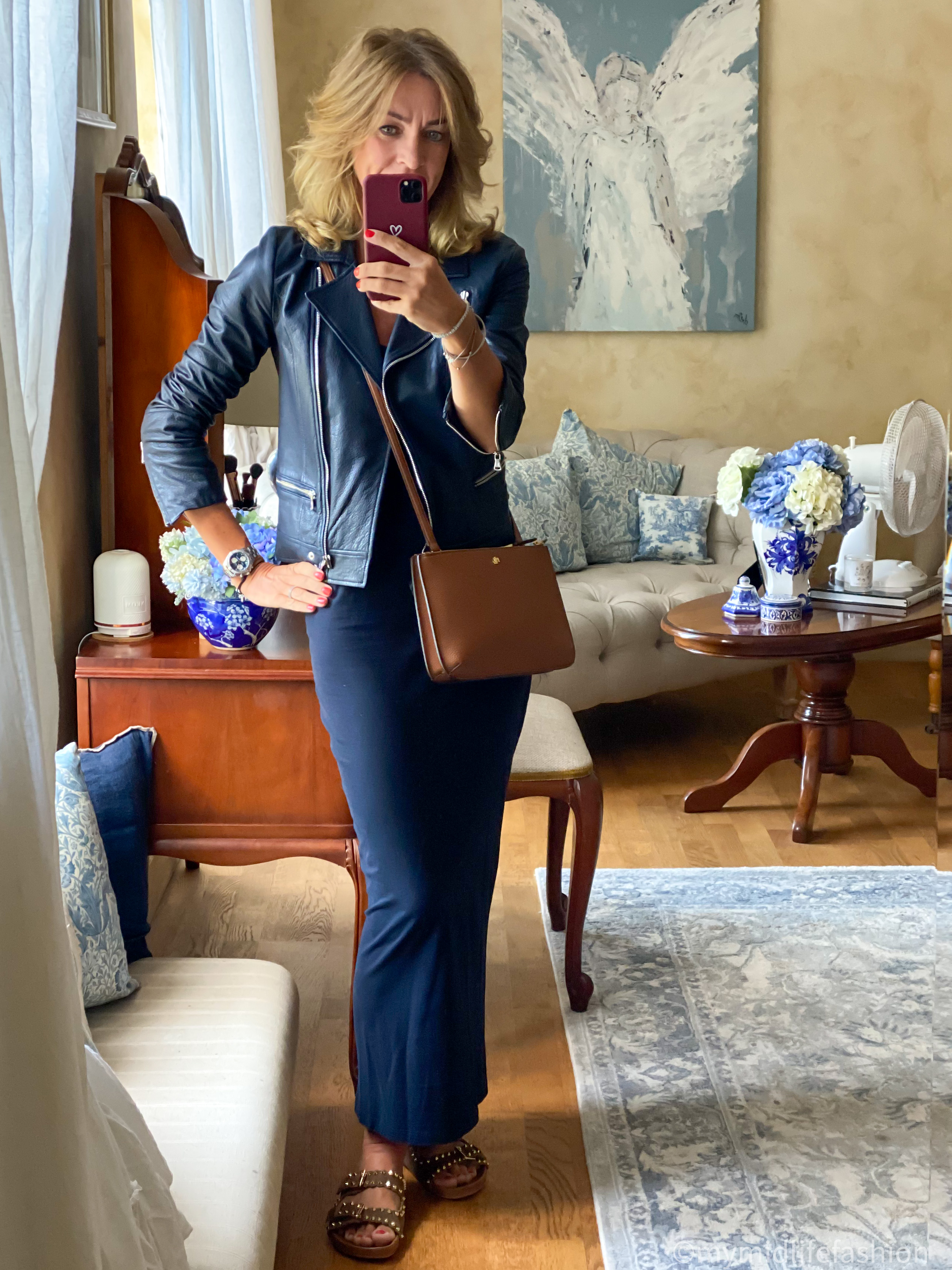 my midlife fashion, Massimo dutti leather biker jacket, raey straight t-shirt dress, Ralph Lauren cross body bag, suede studded leather sliders