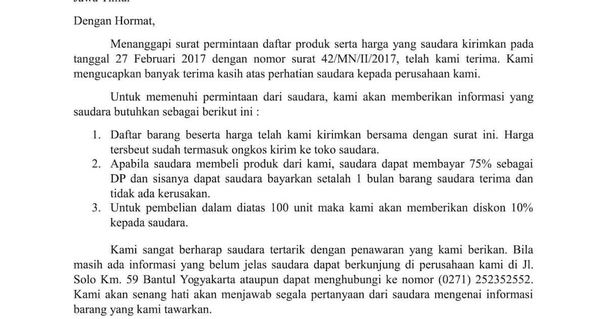 Contoh Surat Penawaran Barang Dan Harga Lengkap