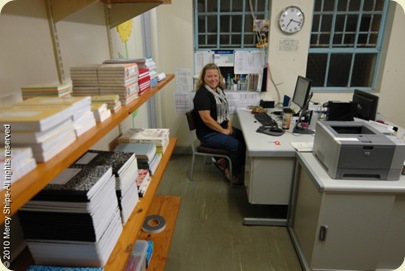 Carol Tanzola in her office at Mercy Ships Academy open house on 1 Oct. 2010 at Appelsbosch in South Africa