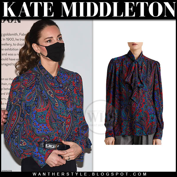 Kate Middleton in paisley print tie neck blouse