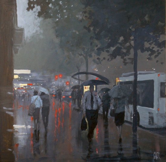 Mike Barr pinturas cidades australianas na chuva impressionista triste