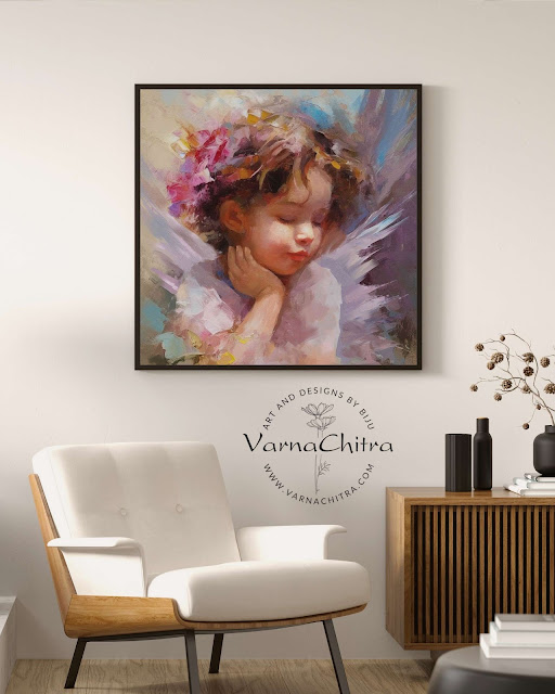 Cute and innocent angel in impasto thick paint oil painting style with textured and colorful treatment by Biju Varnachitra