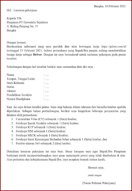 Contoh Application Letter Untuk Driver Pengiriman/Delivery/Expedisi (Fresh Graduate) Berdasarkan Informasi Dari Website