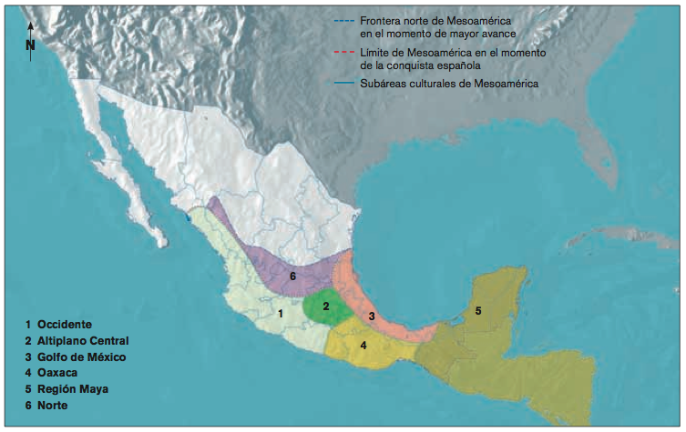 Historia. Cuarto Grado. Mapa de las áreas de Mesoamérica