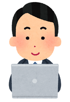 パソコンを使う会社員のイラスト（男性・笑顔）