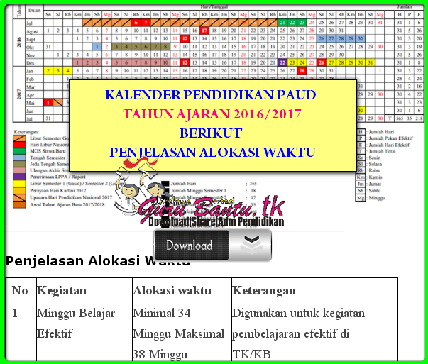 Kalender Pendidikan PAUD 2016/2017 Lengkap Dengan Penjelasan Alokasi Waktunya