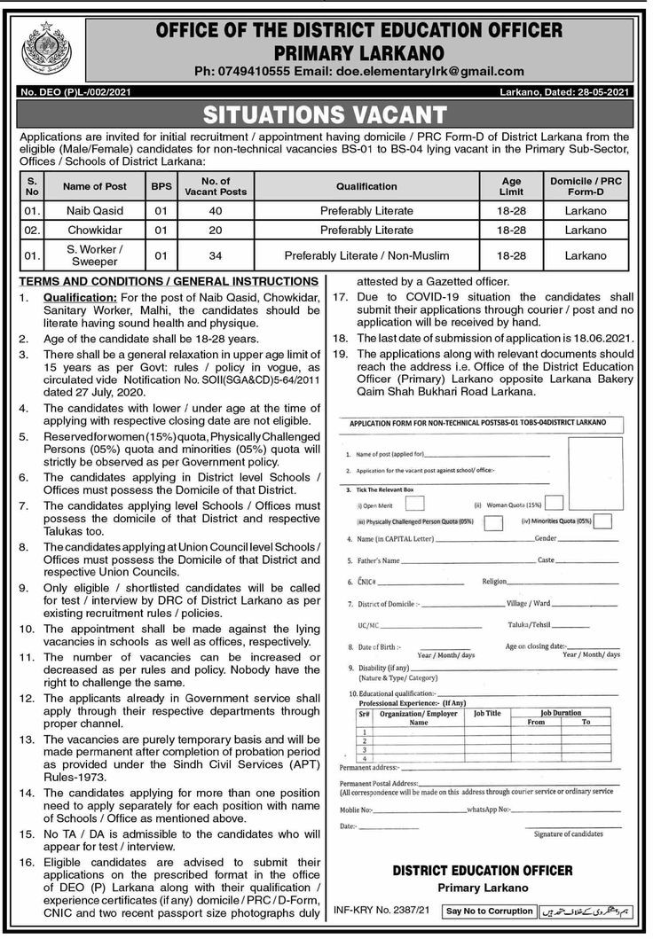 94 Posts in Office Of The District Education Officer Primary Jobs Larkana 2021