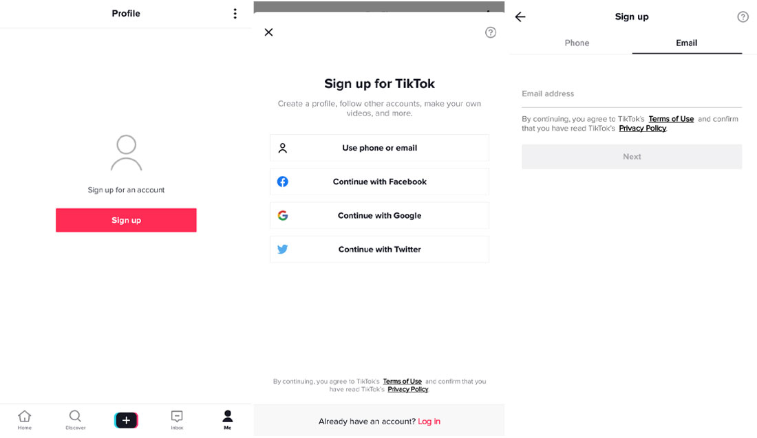 صفحة تسجيل تطبيق تيك توك