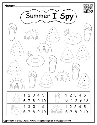 Summer I spy game free printable preschool coloring pages , pdf file or jpg , learn to count from 1 to 10 for kids