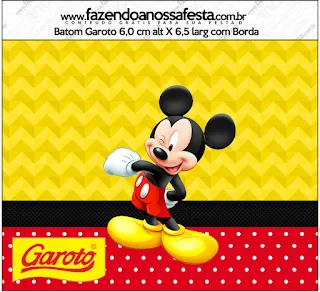 Mickey in Yellow, Zigzag and Red Background: Free Printable Candy Bar Labels.