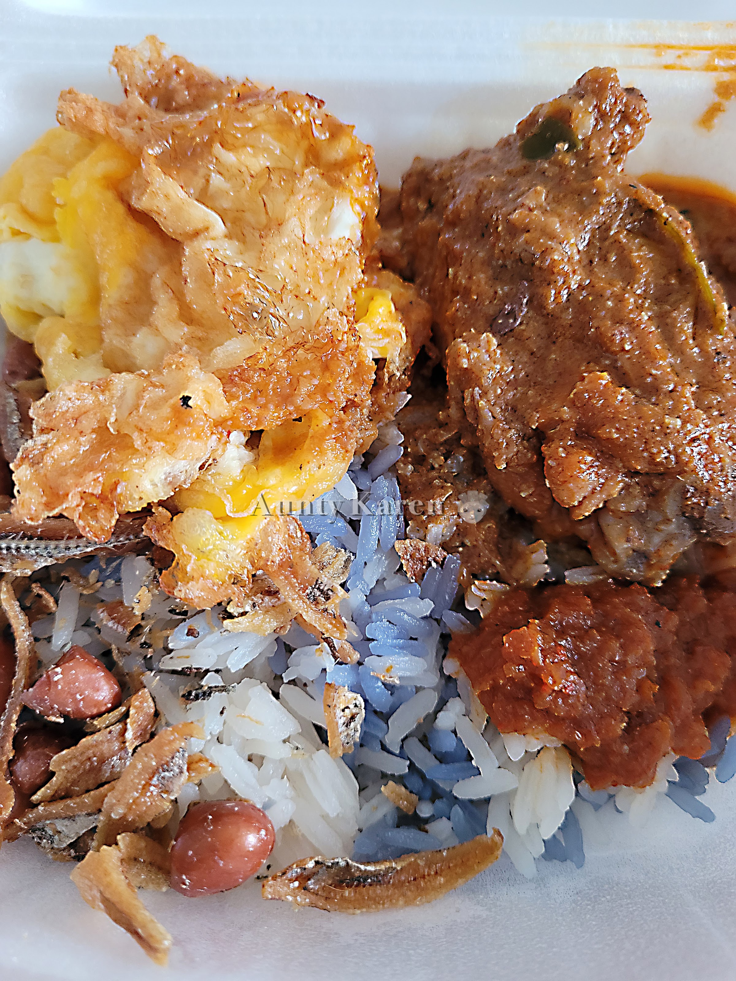 Close-up of a plate of butterfly pea rice, rendang chicken, fried egg, and ikan bilis