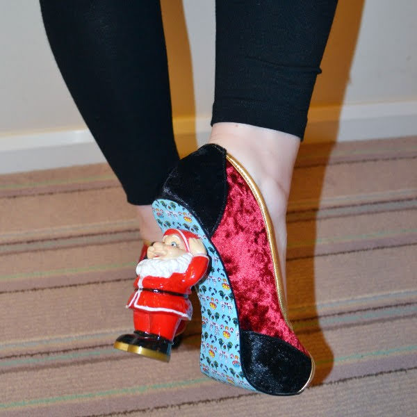 wearing Irregular Choice Christmas Santa heel shoes